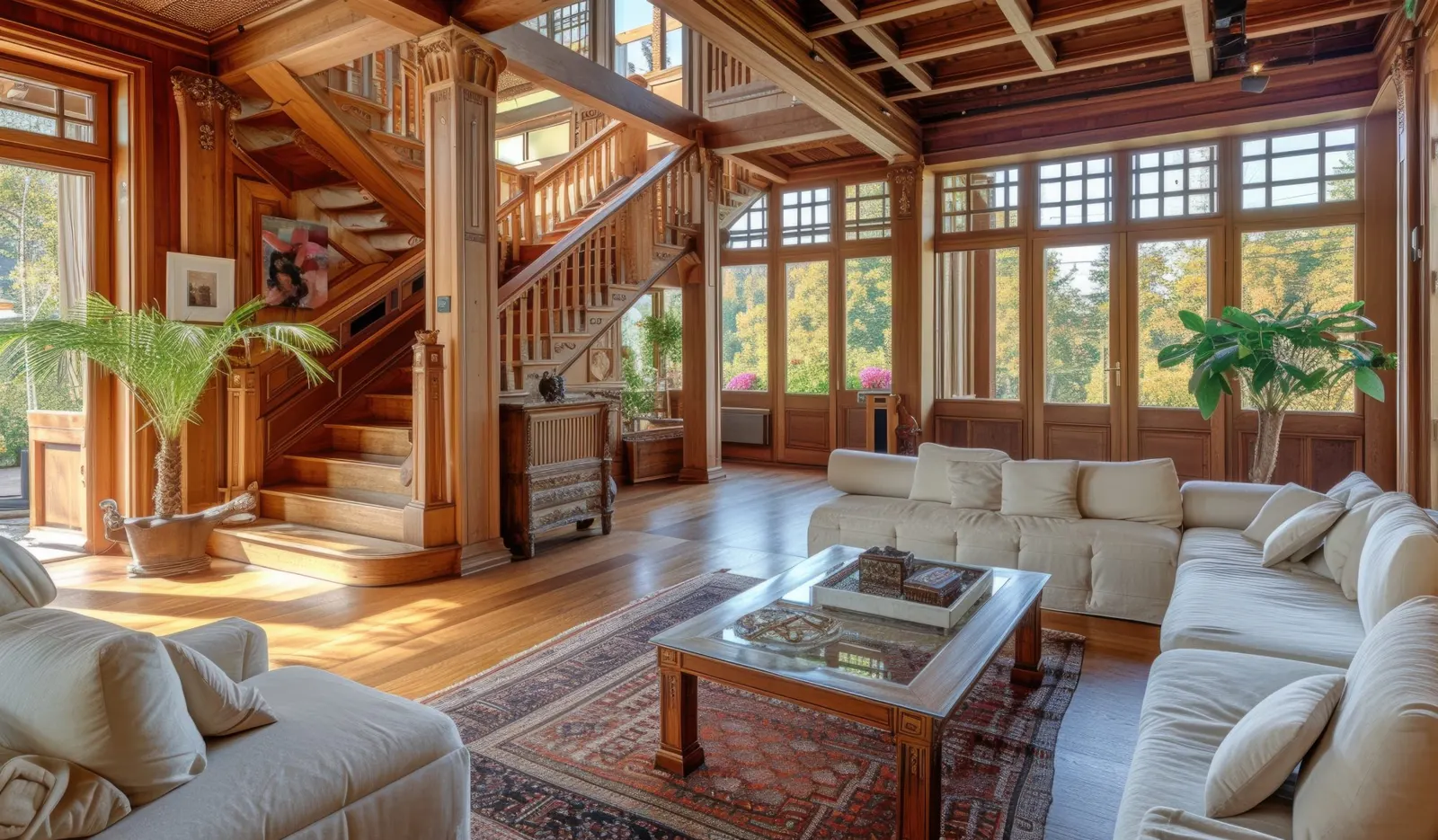 Interior com escadas e tetos em madeira